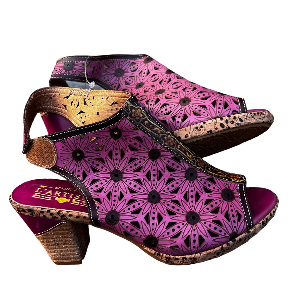 Spring Step Purple Floral Cutout Leather Heels